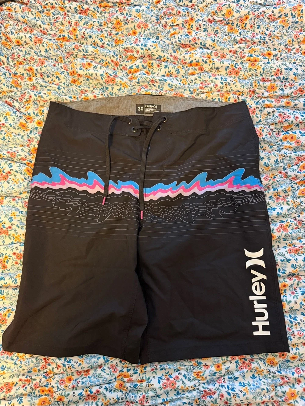 Hurley Black Board Shorts with Blue & Pink Wave Stripe